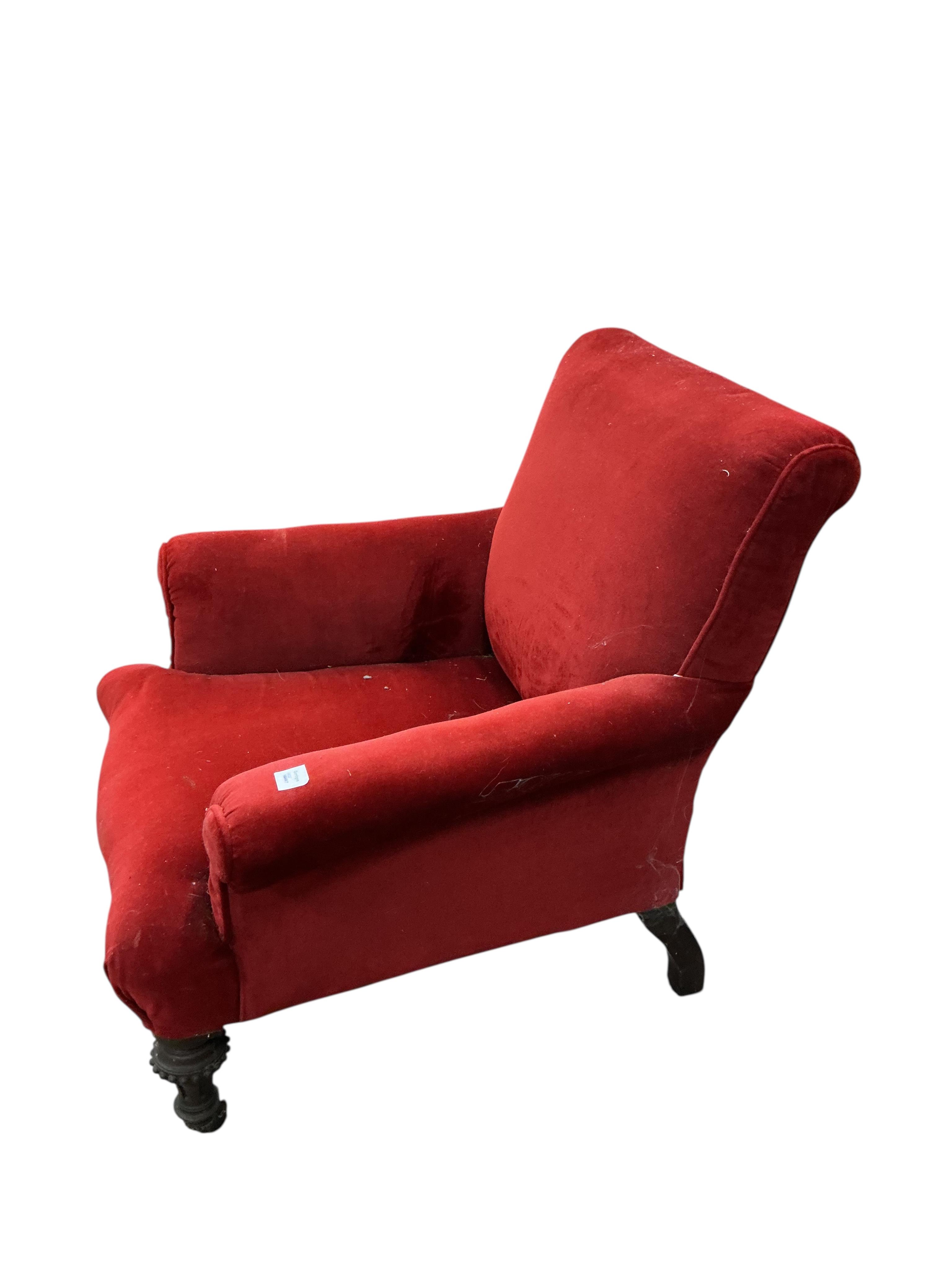 A Victorian upholstered armchair, width 84cm, depth 86cm, height 81cm